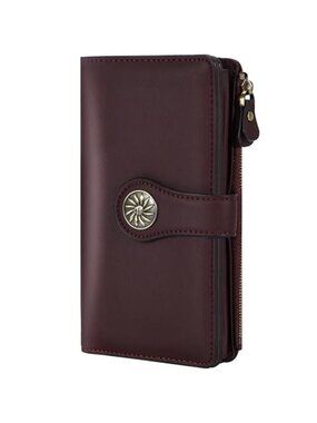 Womens RFID Blocking Trifold Leather Wallet Large Capacity Card Holder Wine Red